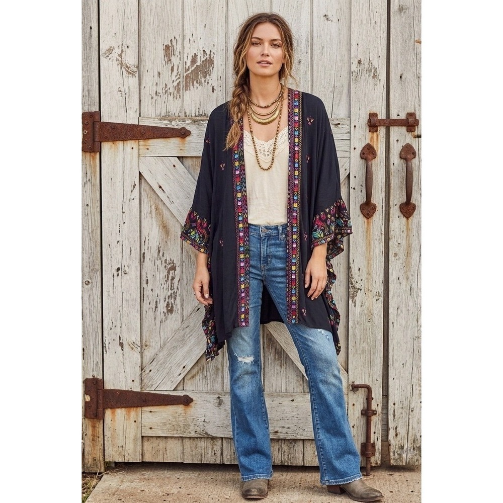 Jen's Pirate Booty Kimono Duster OS Black Boho Geometric Trim Cardigan Festival